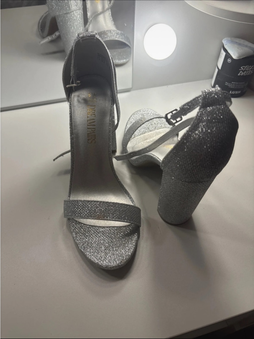 Dream Pairs Silver Glitter Block Heel Sandals with Ankle Strap